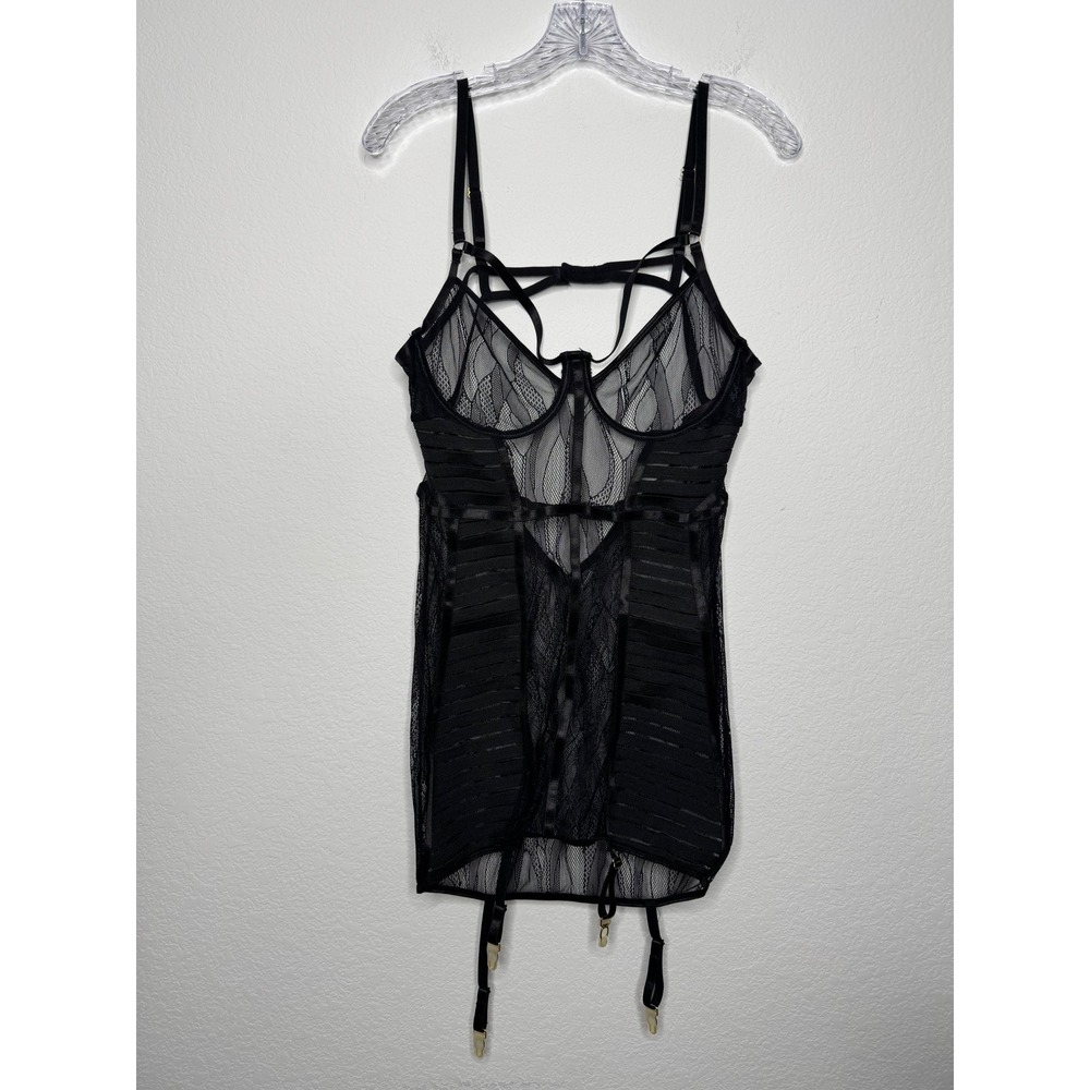 Dreamgirl Black Lace Mesh Underwire‎ Chemise Dress Garter Lingerie Womens Size L